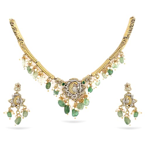 Rubans Women 22K Gold-Plated with Green Beads, Pearls & Cubic Zirconia Temple Jewellery Set - Image 1