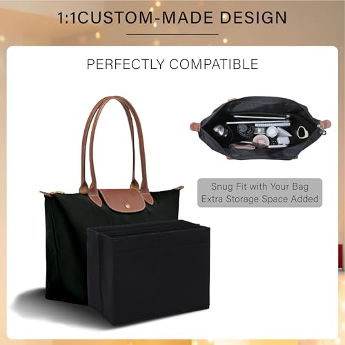 OAikor Lighweight Purse Organizer Insert for Longchamp Le Pliage M Tote Bag, Premium Felt Long Champ Medium Tote Divider with Cup Holder,Bags Storage Shaper with 8 Deepened Pockets,M/Black - Image 5
