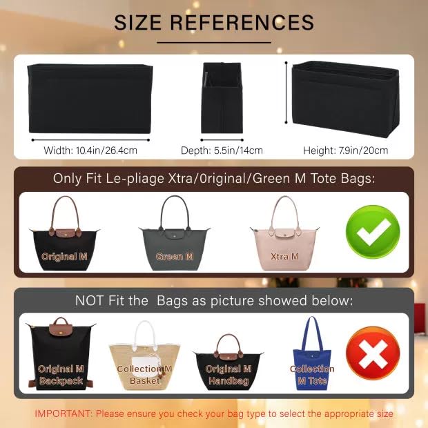 OAikor Lighweight Purse Organizer Insert for Longchamp Le Pliage M Tote Bag, Premium Felt Long Champ Medium Tote Divider with Cup Holder,Bags Storage Shaper with 8 Deepened Pockets,M/Black - Image 2