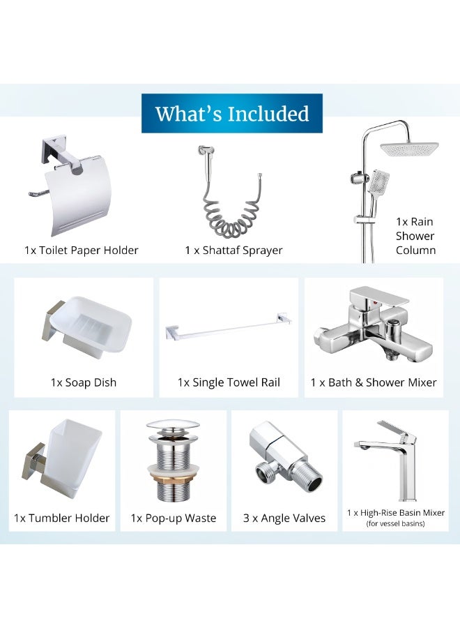Euro Spring Complete Bathroom Mixer Set with Rain Shower System, Basin & Bath Mixer Taps, Shattaf Spray & 4-Piece Accessories – Chrome Polished Brass Faucets & Stainless Steel Shower Kit - Image 4