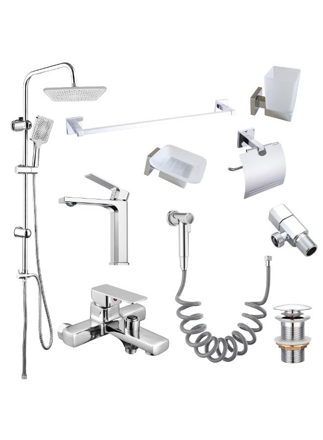 Euro Spring Complete Bathroom Mixer Set with Rain Shower System, Basin & Bath Mixer Taps, Shattaf Spray & 4-Piece Accessories – Chrome Polished Brass Faucets & Stainless Steel Shower Kit - Image 1