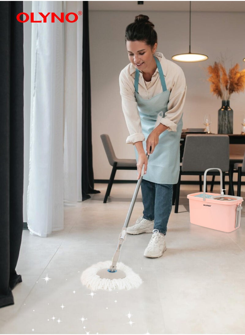 أولينو SpinPure ممسحة دوارة 360 درجة مع عصارة من الفولاذ المقاوم للصدأ | رأس ممسحة إضافي من الألياف الدقيقة، وعجلات، ومقبض سحب، وزجاجة منظف، ومنفذ مياه | لتنظيف سلس دون عناء  - Image 3