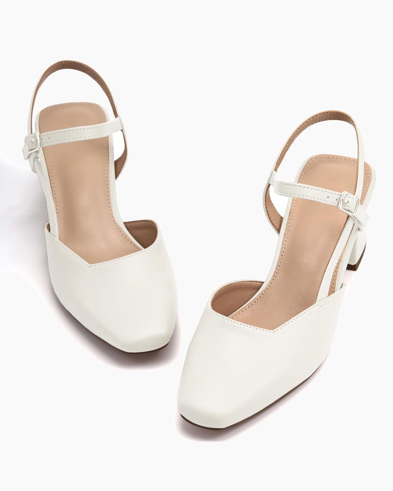 Rilista Women's Slingback Chunky Low Heels Closed Toe Heel Wedding Party Dress Pumps Shoes White - Image 3
