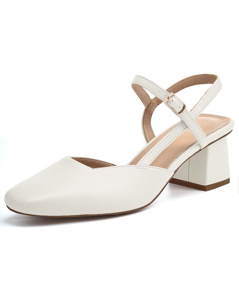 Rilista Women's Slingback Chunky Low Heels Closed Toe Heel Wedding Party Dress Pumps Shoes White - Image 1