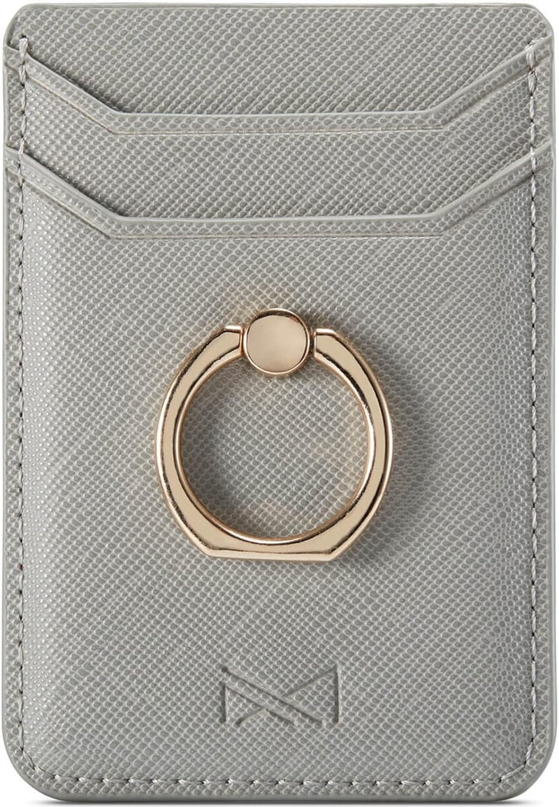TOPWOOZU Phone Card Holder with Ring Grip for Back of Phone,Adhesive Stick-on Credit Card Wallet Pocket for iPhone,Android and Smartphones (Grey) - Image 1