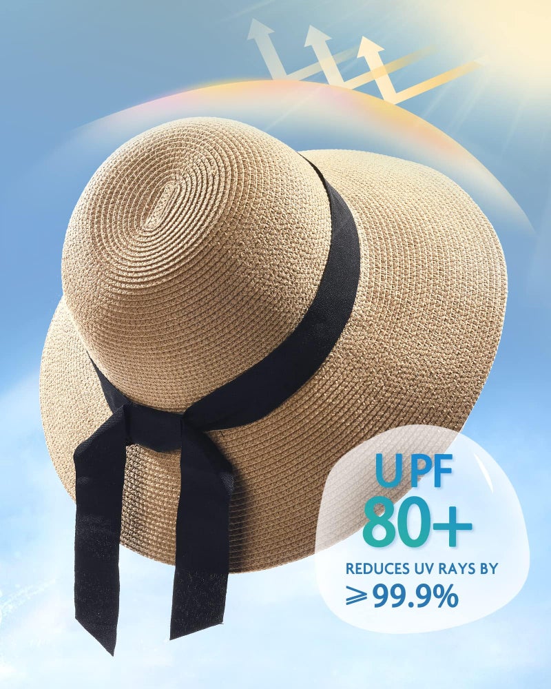 FURTALK Womens Beach Sun Straw Hat UV UPF 80+ Travel Foldable Brim Summer UV Hat Pure Khaki - Image 2