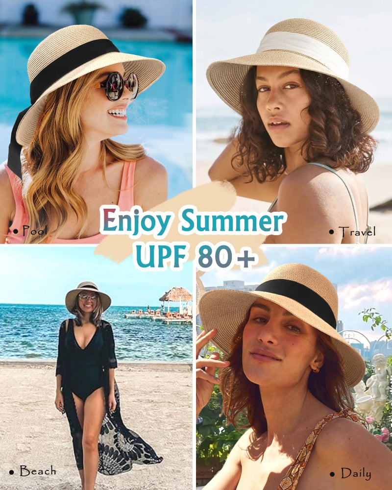 FURTALK Womens Beach Sun Straw Hat UV UPF 80+ Travel Foldable Brim Summer UV Hat Pure Khaki - Image 4
