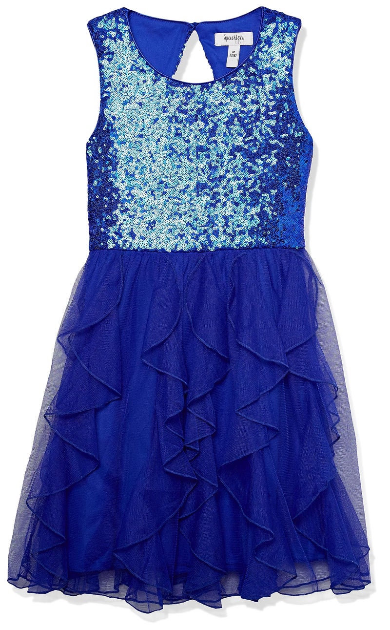Speechless Girls' Sleeveless Sequin Bodice Dress, Cobalt Blue, 10-12