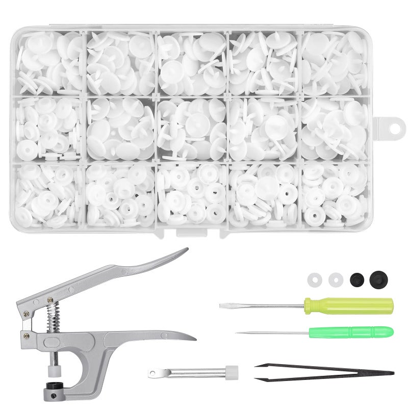 Kamtop Snaps and Snap Pliers Set, 120 Sets T5 Plastic Snap Buttons White, Snap Fasteners Press Pliers Snaps Starter Kit Setter Tool for Clothes Sewing Bibs Rain Coat DIY Crafting - Image 1