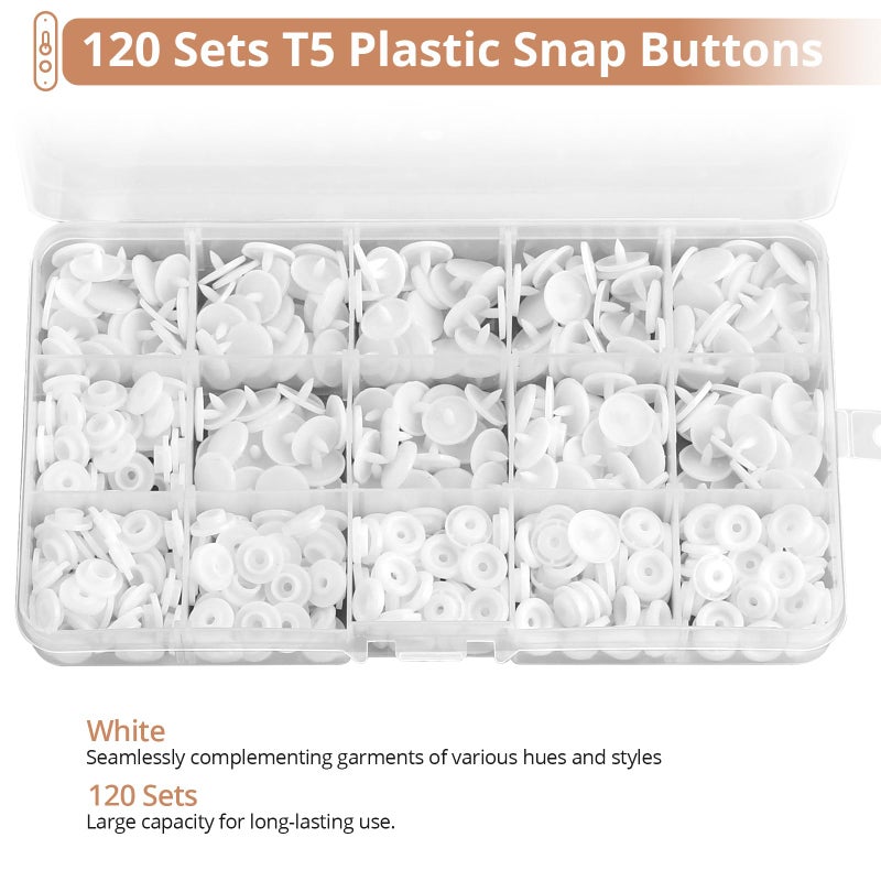 Kamtop Snaps and Snap Pliers Set, 120 Sets T5 Plastic Snap Buttons White, Snap Fasteners Press Pliers Snaps Starter Kit Setter Tool for Clothes Sewing Bibs Rain Coat DIY Crafting - Image 4