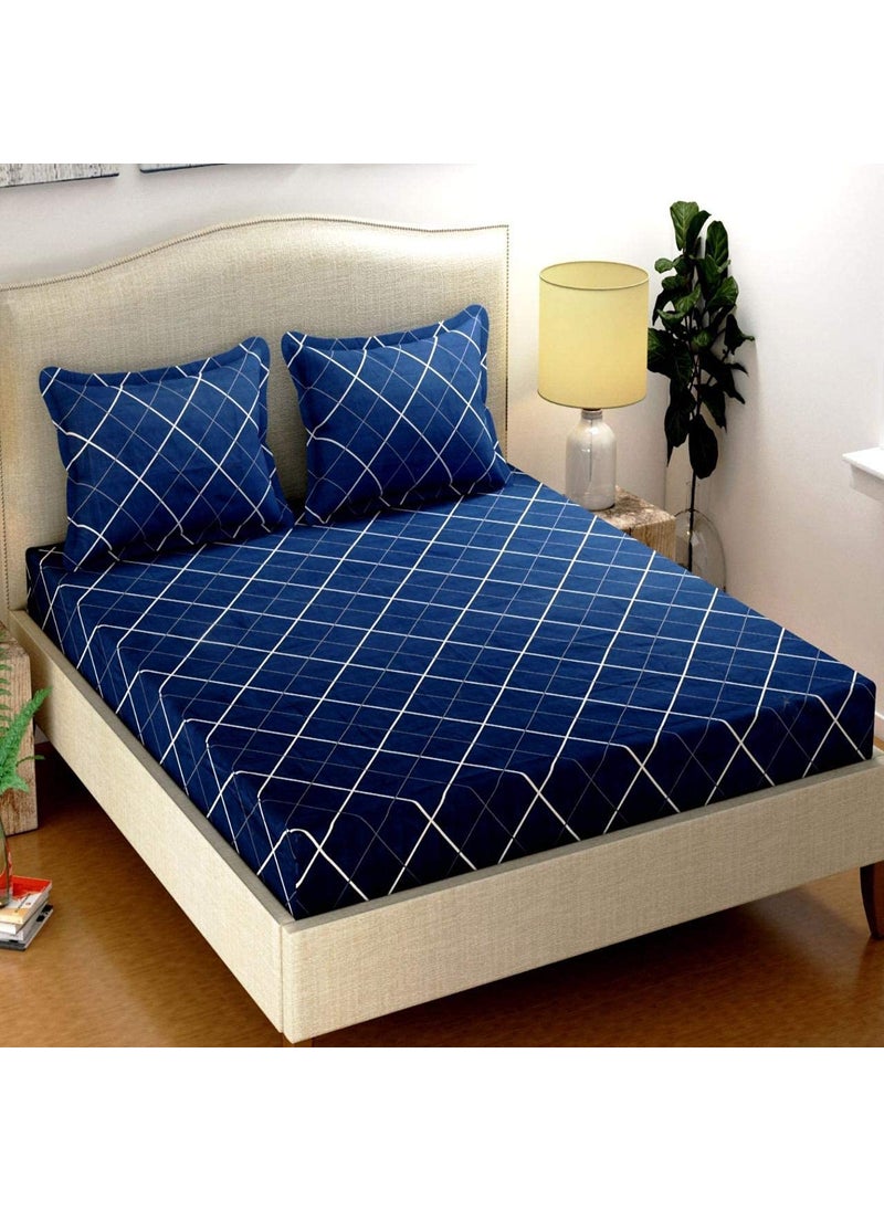 DECOR2ADMIRE DECOR2ADMIRE 210 TC Microfiber Queen Size Printed All Round Elastic Fitted Double Bedsheet with Two Pillow Covers 72 x 78 x 6Dark Blue Cross 