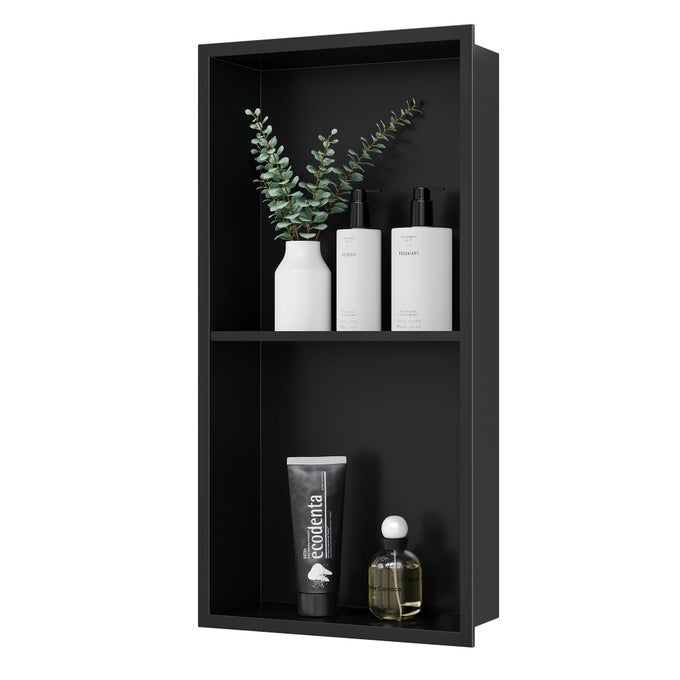 STAINLESS STEEL SHOWER NICHE 24 X 12 NO TILE NEEDED WALL NICHE DOUBLE SHELVES RECESSED SHOWER SHELF FOR BATHROOM STORAGE MATTE BLACK