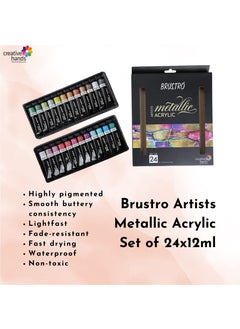 BRUSTRO BRUSTRO Artists Metallic Acrylic Paint Set of 24x12ml | Ideal for Paper, Canvas, Water-Based Colours, Non-Toxic, Inter-mixable Colors, Crafters, Fine Art Students and Professionals  - Image 2