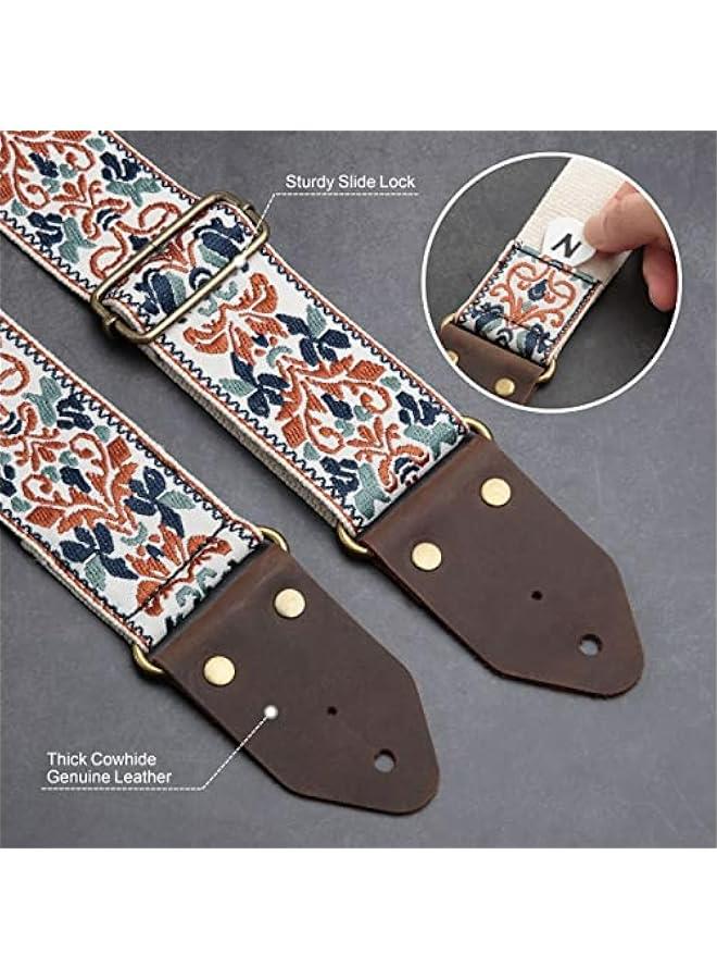 Generic Golden Jacquard Guitar Strap with Crazy Horse Leather Ends for Bass, Electric, Acoustic - Perfect Gift for Kids and Guitarists  - Image 2