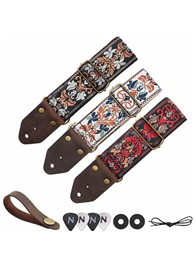 Generic Golden Jacquard Guitar Strap with Crazy Horse Leather Ends for Bass, Electric, Acoustic - Perfect Gift for Kids and Guitarists  - Image 5