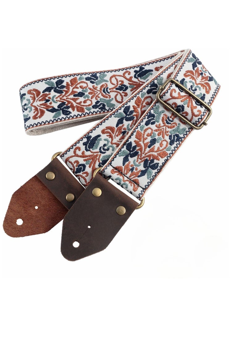 Generic Golden Jacquard Guitar Strap with Crazy Horse Leather Ends for Bass, Electric, Acoustic - Perfect Gift for Kids and Guitarists  - Image 1