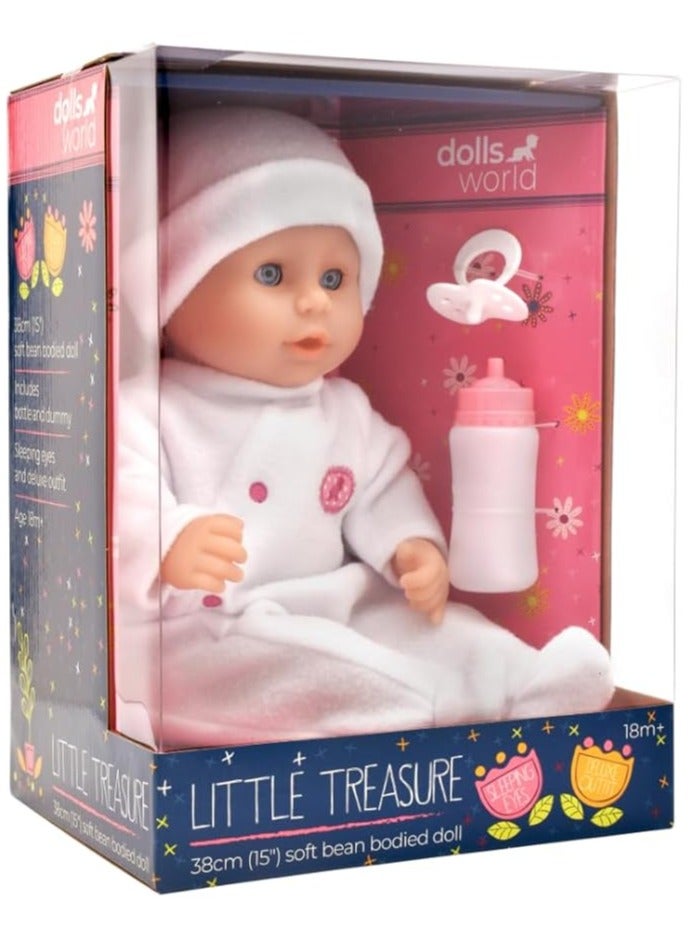 dolls world DollsWorld Little Treasure 15-Inch Soft Baby Doll with Sleeping Eyes, Bottle & Dummy – Cuddly Role Play Toy for Toddlers 18 Months+ by Peterkin - Image 2