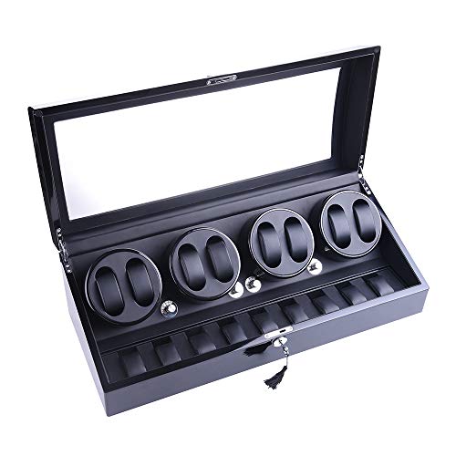 udgtee Luxury 4 Motor Quad Watch Winders for Automatic Watches, Safe & Wooden Display Box Case 8+9 Storage (Black) - Image 1