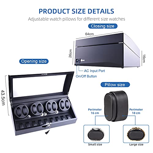 udgtee Luxury 4 Motor Quad Watch Winders for Automatic Watches, Safe & Wooden Display Box Case 8+9 Storage (Black) - Image 3