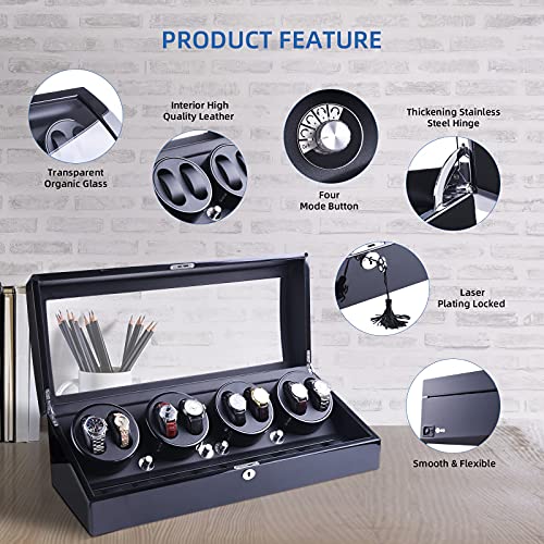 udgtee Luxury 4 Motor Quad Watch Winders for Automatic Watches, Safe & Wooden Display Box Case 8+9 Storage (Black) - Image 2
