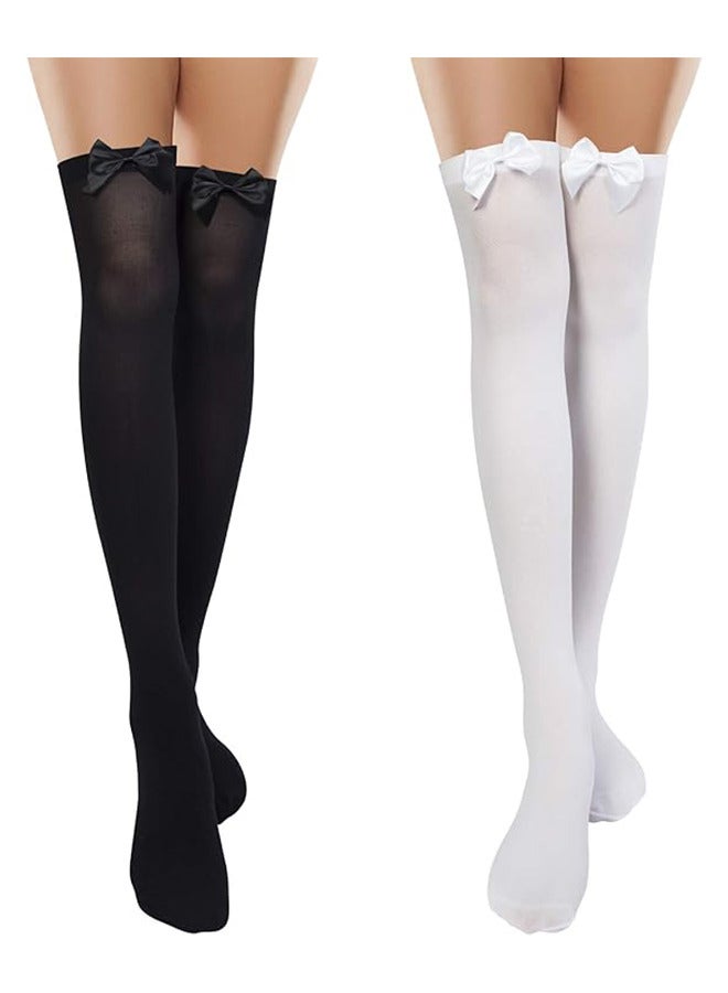Depend Knee High Stockings with Bows, 2 Pairs Womens Opaque Hold Ups Stocking Ladies Black And White Thigh High Long Over Knee Length Socks With Bow Top Stockings One Size - Image 1