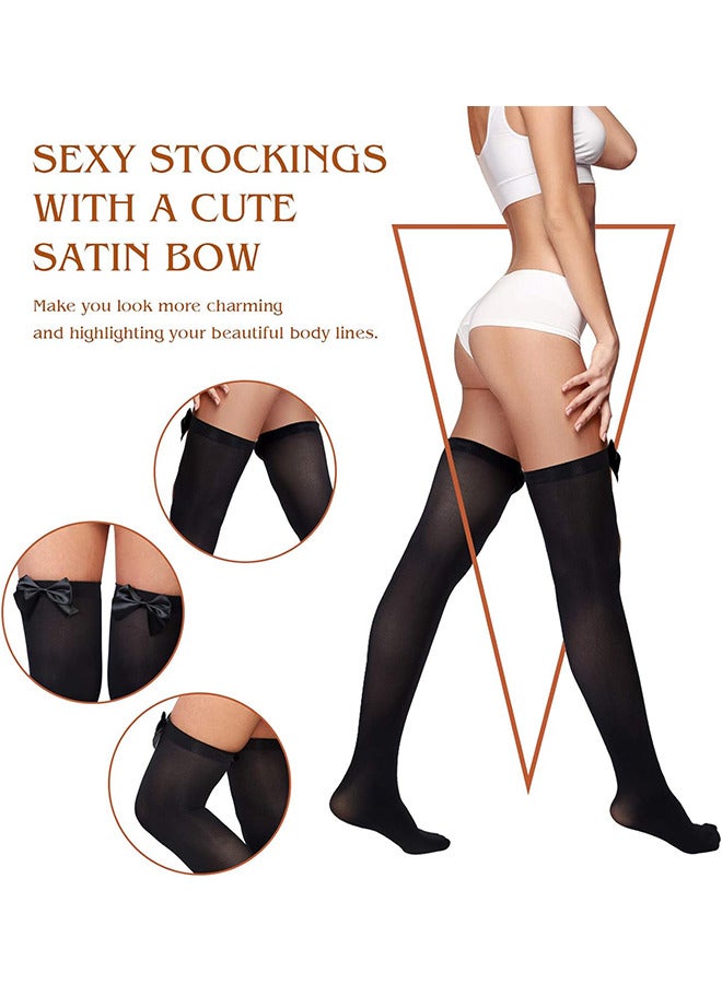 Depend Knee High Stockings with Bows, 2 Pairs Womens Opaque Hold Ups Stocking Ladies Black And White Thigh High Long Over Knee Length Socks With Bow Top Stockings One Size - Image 5