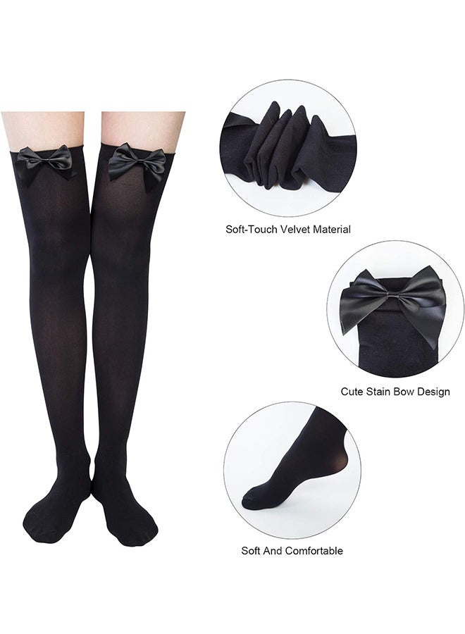 Depend Knee High Stockings with Bows, 2 Pairs Womens Opaque Hold Ups Stocking Ladies Black And White Thigh High Long Over Knee Length Socks With Bow Top Stockings One Size - Image 3
