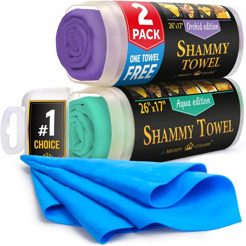 Mighty Cleaner Premium 2pk +1 Free Shammy Cloth for Car Drying - 26"x17" - Super Absorbent Chamois Towel - Scratch-Free, Reusable & Soft Wash Cloth - Car Drying Towels - Image 1
