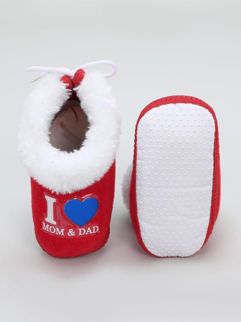PureSole Baby Booties for Boys & Girls – Soft Plush Warm Indoor Crib Shoes with 'I Love Mom & Dad' Print – Non-Slip Sole – Infant First Walkers (6–12 Months) - Image 5