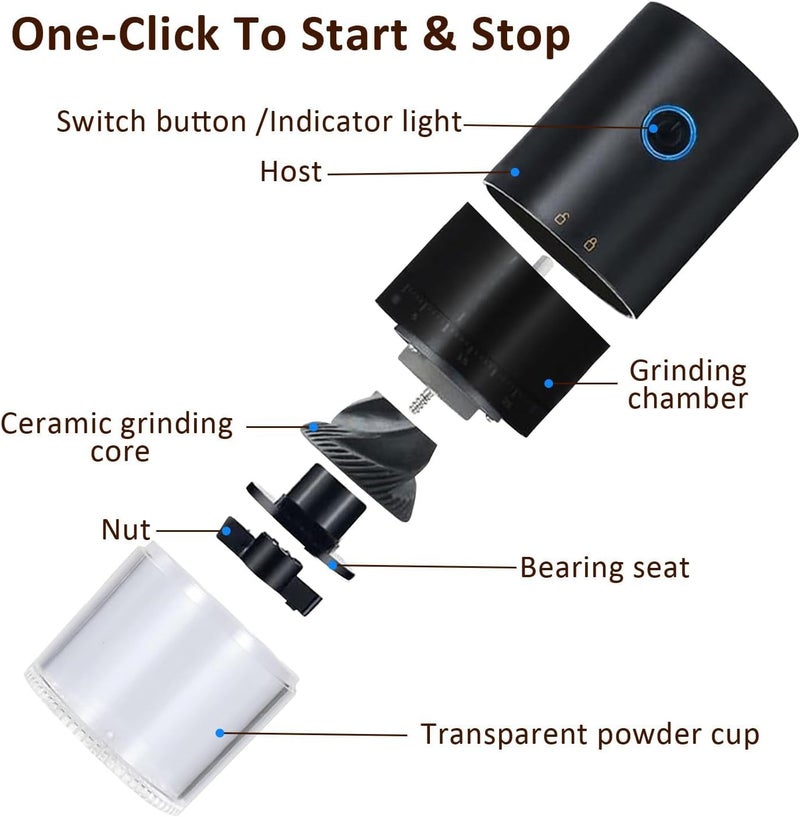 ANYOUI Electric Coffee Grinder，Portable Coffee Bean Mill with 38 Externally Adjustable Precision Grind Settings,One Button Control, Uniform Grinding Adjustable Thickness USB-Rechargeable (Black) - Image 2