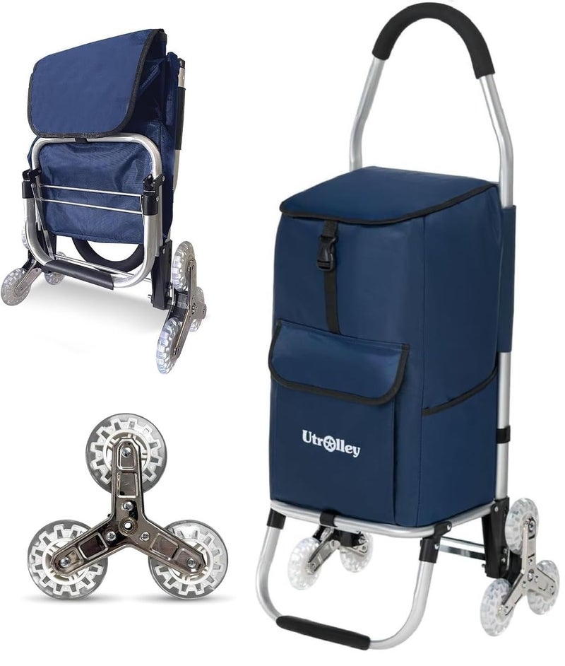 UTROLLEY Ultra-Lightweight Stair Climber Cart for Groceries & Laundry, Durable 6-Wheel Folding Shopping Cart with Insulated Bag, Blue - Image 1
