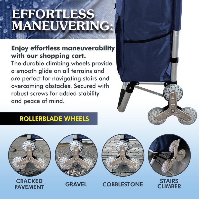 UTROLLEY Ultra-Lightweight Stair Climber Cart for Groceries & Laundry, Durable 6-Wheel Folding Shopping Cart with Insulated Bag, Blue - Image 4