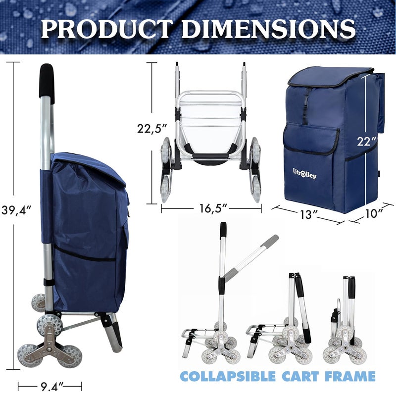 UTROLLEY Ultra-Lightweight Stair Climber Cart for Groceries & Laundry, Durable 6-Wheel Folding Shopping Cart with Insulated Bag, Blue - Image 3