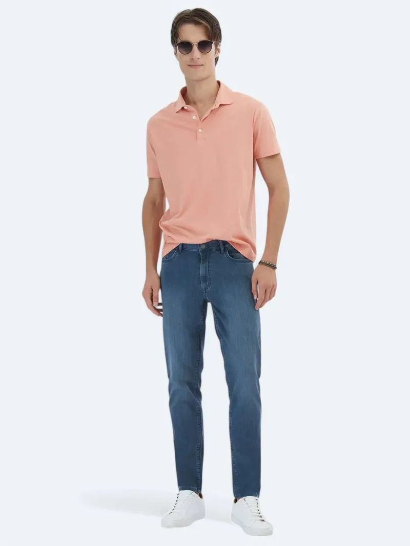 كيب بنطال جينز قطني مخلوط بلون أزرق بترولي داكن بقصة ضيقة