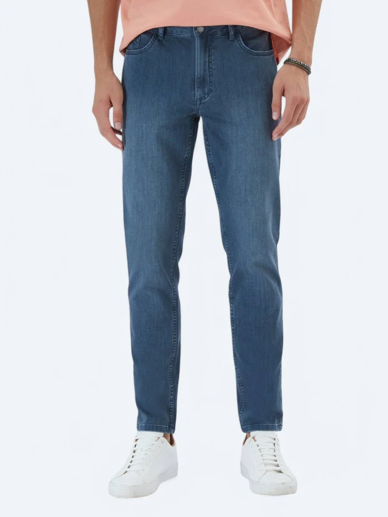 Kip Dark Petrol Blue Slim Fit Denim Cotton Blended Trousers