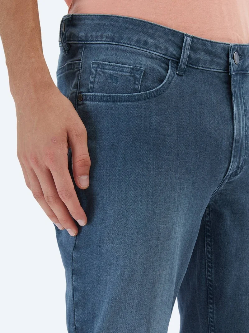 Kip Dark Petrol Blue Slim Fit Denim Cotton Blended Trousers