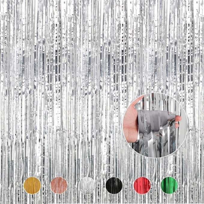 SILVER FOIL FRINGE CURTAINS METALLIC TINSEL SHIMMER CURTAIN PARTY BACKDROP DECORATIONSPACK OF 4