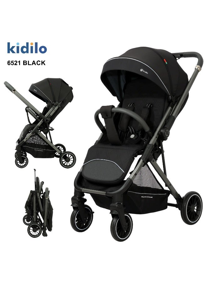 Kidilo 6521 Baby Stroller | Reversible Seat & Adjustable Recline | Compact Foldable Pushchair | Large Extendable Canopy | Safety Harness | Swivel Front Wheels | Large Storage Basket