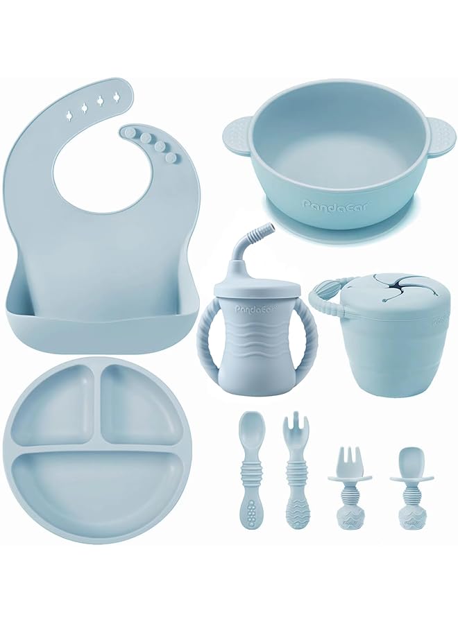 PandaEar Silicone Baby Feeding Set 9Pcs Baby Led Weaning Supplies Self Feeding Utensils Divided Suction Plate Bowl Bibs Sippy Cup With Baby Snack Container Spoons Forks (Blue) - Image 1