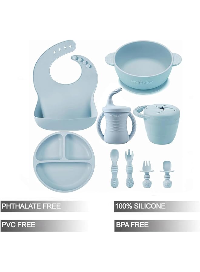 PandaEar Silicone Baby Feeding Set 9Pcs Baby Led Weaning Supplies Self Feeding Utensils Divided Suction Plate Bowl Bibs Sippy Cup With Baby Snack Container Spoons Forks (Blue) - Image 2