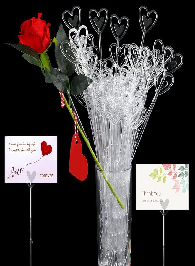CCINEE 100pcs Plastic Floral Pick Card Holders Clear Heart Shaped Flower Place Card Holders Clips for Wedding Bouquet Birthday Party Supply, 9 Inches - Image 1