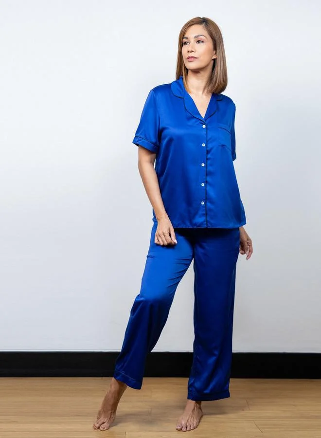 Aadaraya Aadaraya Solid Satin Short Sleeve Shirt and Elasticated Pyjama Set