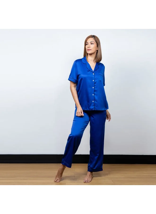 Aadaraya Aadaraya Solid Satin Short Sleeve Shirt and Elasticated Pyjama Set