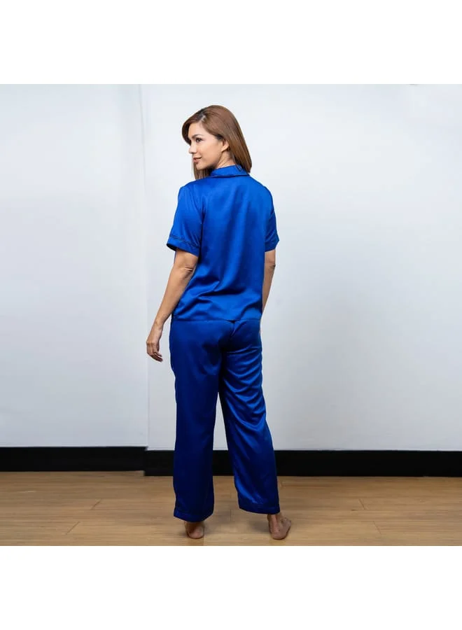 Aadaraya Aadaraya Solid Satin Short Sleeve Shirt and Elasticated Pyjama Set