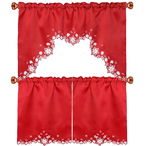 Simhomsen Embroidered Snowflakes Kitchen Window Curtain Swag and Tiers Set for Christmas and Winter Red - Image 1
