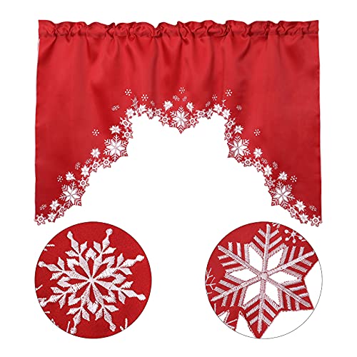 Simhomsen Embroidered Snowflakes Kitchen Window Curtain Swag and Tiers Set for Christmas and Winter Red - Image 3