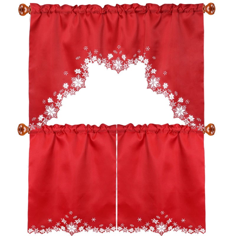 Simhomsen Embroidered Snowflakes Kitchen Window Curtain Swag and Tiers Set for Christmas and Winter Red - Image 2