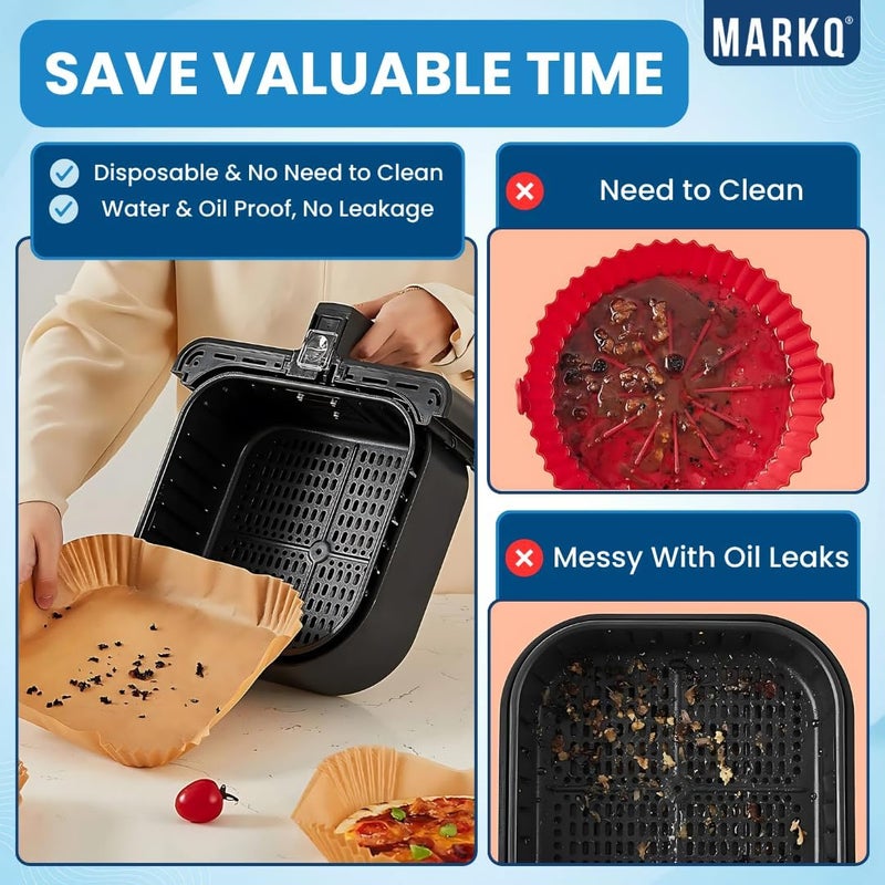 MARKQ 100 Pieces Air Fryer Disposable Paper Liners – Oil Resistant Non Stick Parchment Liners for Frying, Baking, Roasting in Air Fryer, Oven, Microwave, Steamer, 20cm/7.9 inch, Brown - Image 4