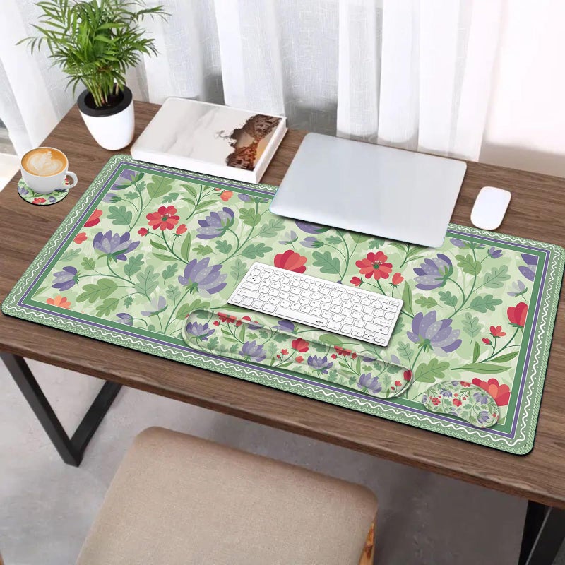 AIMSA Gaming Mouse Pad Wrist Support Set, Desk Pad +Mouse Wrist Rest +Keyboard Wrist Rest +Coaster, 4in1 Ergonomic Mouse Pad Combo for Home Office -Red Purple Flower - Image 2