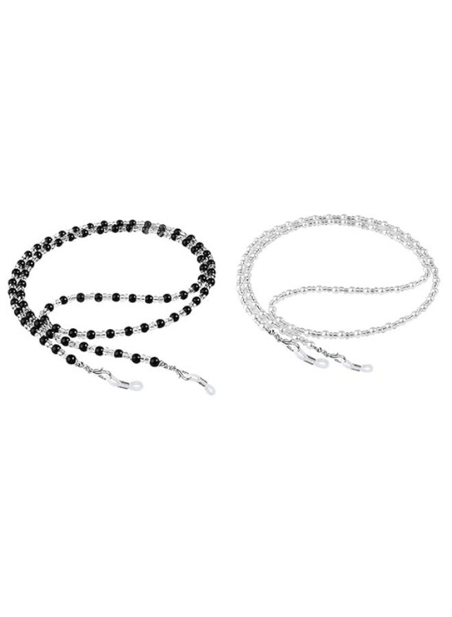 Eyeglasses Chain Set, Unisex Beaded Design, Black and Silver, 2 Pieces